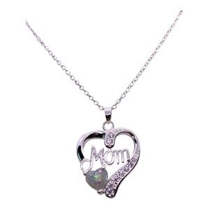18" Silver Imitation Diamond Opal Mom Heart Necklace in Gift Box